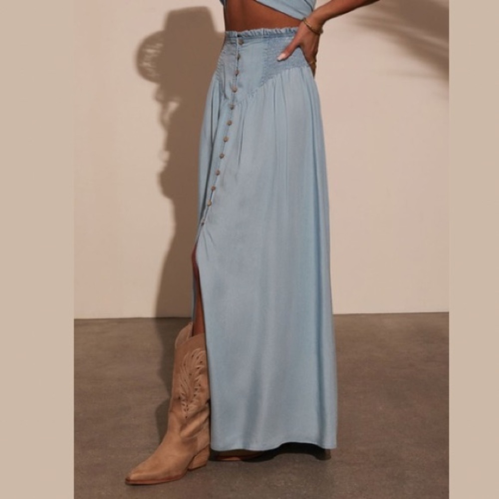 New Chambray Denim Smocked Maxi Skirt - Picture 6 of 8